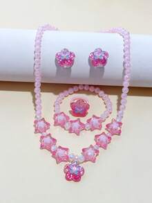 5pcs/10pcs Girls Pink Charm Beaded Butterfly, Pentagram, Flower Bracelet, Necklace, Ring, Earrings Jewelry Set, Suitable For BFFs, Little Sisters, Daily, Party, Birthday Gift - Multicolor - View 5