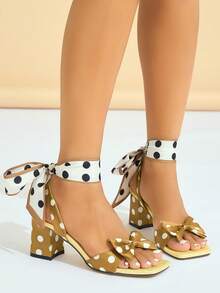 女士高跟凉鞋,适合派对、户外、高跟、女士凉鞋、旅行、时尚度假、粗跟方头、波尔卡圆点围巾领带、3D 圆点蝴蝶结装饰、纯色纹理材质、优雅的金色高跟凉鞋 - 金色 - 查看 5