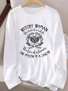 Halloween Outfits Witch Element Graphic Tees,Fall Clothes For Women Comfortable Casual "WITCHY WoMAN"Creative Letter Print Long-Sleeved T-Shirts,Party Gatherings Clothes Going Out Tops Women For Home Or Outdoor,Suitable For Spring And Autumn Wear