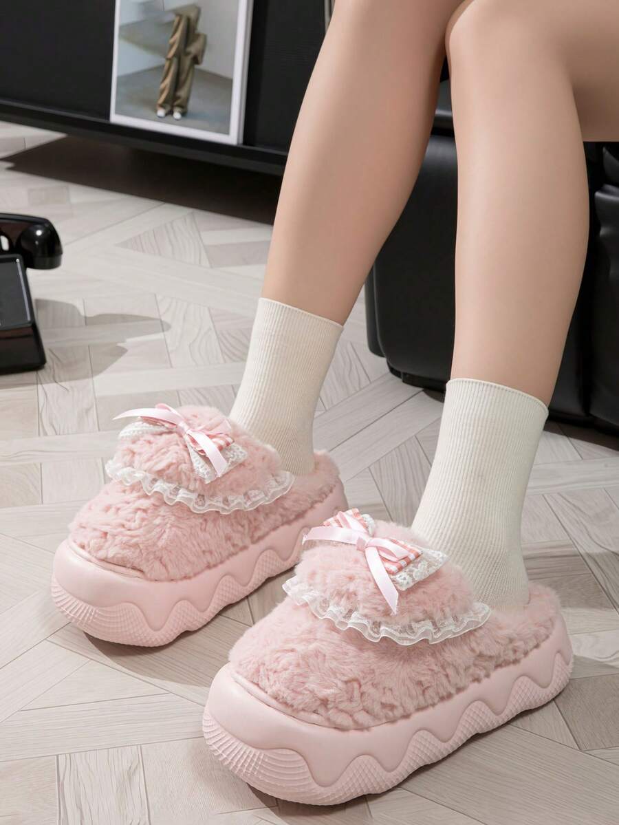 Stay Toasty In Style: Women's Pink Thick Plush Bow Slippers, Versatile For Home & Light Outdoor Use