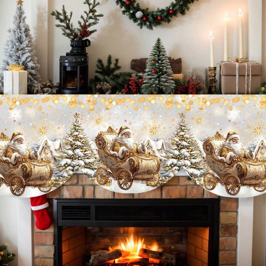 1 条金色圣诞老人雪橇印花涤纶壁炉围巾，耐用涤纶，78.7 英寸 * 19.6 英寸，带有雪景、圣诞树和金色亮片细节，奢华闪亮风格的节日壁炉架装饰，适用于圣诞节家居、节日派对、冬季婚礼、新年庆祝活动、照片背景装饰。 - 彩色 - 查看 1