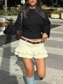 Áo len nữ dài tay cổ tròn màu đen hiệu FOR BEAUTY, kiểu dáng ngắn, thời trang, nhẹ nhàng, thoải mái, phong cách đường phố, thanh lịch, phù hợp cho các hoạt động hàng ngày và đi làm, áo len chui đầu, trang phục mùa thu thời trang dành cho nữ. - màu đen - Xem 4