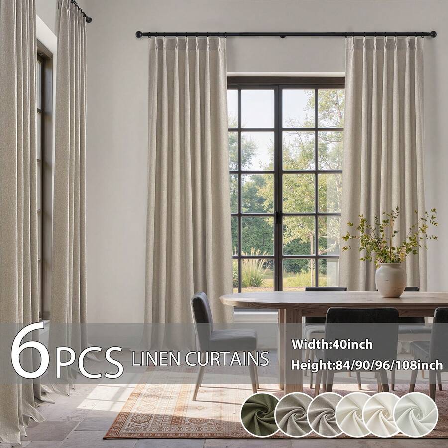 6 Panels Pinch Pleated Curtains Natural Linen Pinch Pleat Back Tab Semi-Shading Drapes With Hooks Rings Window Curtains Home Decor - LINEN - 查看 1