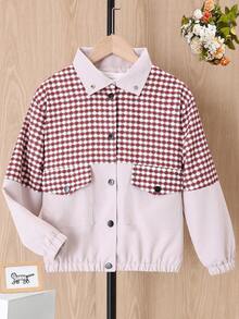 Girls' Plaid Print Patchwork Collar Casual Jacket, Autumn - Camel - View 1