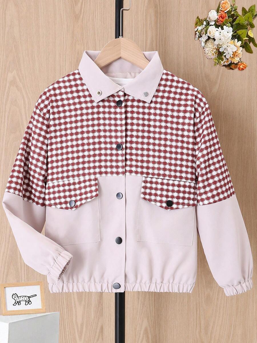 Girls' Plaid Print Patchwork Collar Casual Jacket, Autumn - Camel - View 1