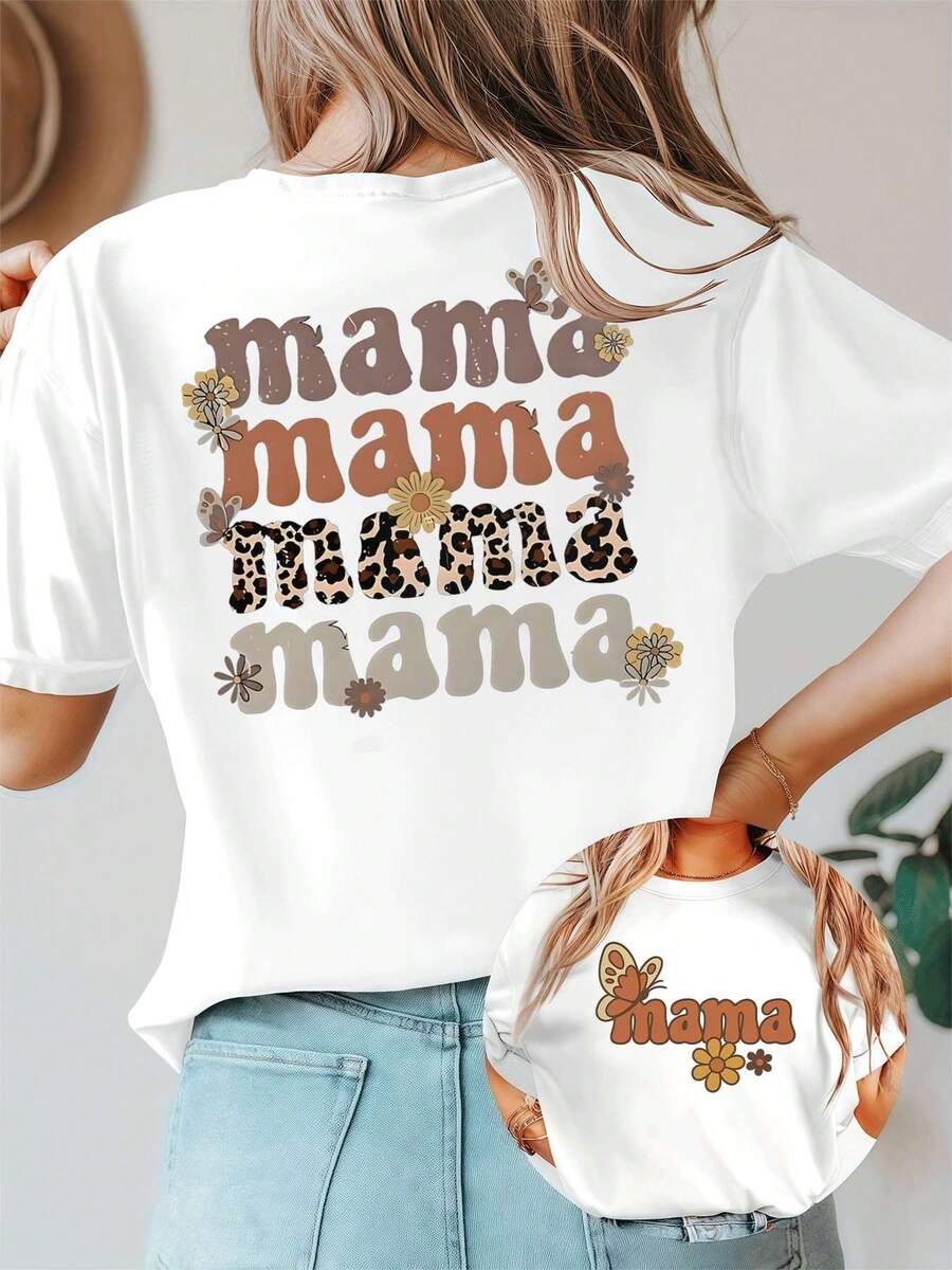 Mama Graphic Tee Floral Butterfly , Women's Double Sided Printed Fashion Casual Round Neck 220gsm Cotton T-Shirt (1 PC) - White - View 1