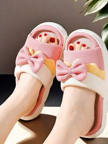 1 par de pantuflas de casa abiertas de lino con lazo, unisex, lindas, aptas para todas las estaciones