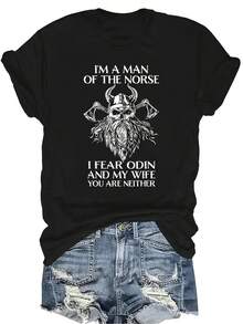 Soy un hombre del norte, temo a Odín y a mi esposa. Camiseta vikinga para mujer y unisex, de verano, casual, transpirable, con personalidad, cuello redondo, manga corta, ropa de calle, versátil, adecuada para adolescentes y adultos - Negro - Ver 1