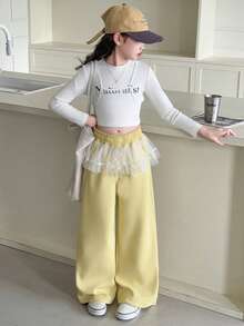 Calça de Moletom Reta Casual Folgada com Bordado Menina & Meninas, Confortável para Verão, Primavera e Outono - Amarelo - Visão 1