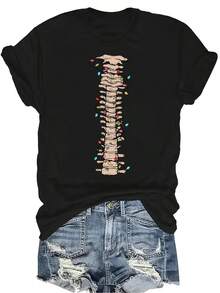 Camiseta de manga corta con cuello redondo, de estilo casual y transpirable, con diseño de espina dorsal navideña, adecuada para adolescentes y adultos - Negro - Ver 1