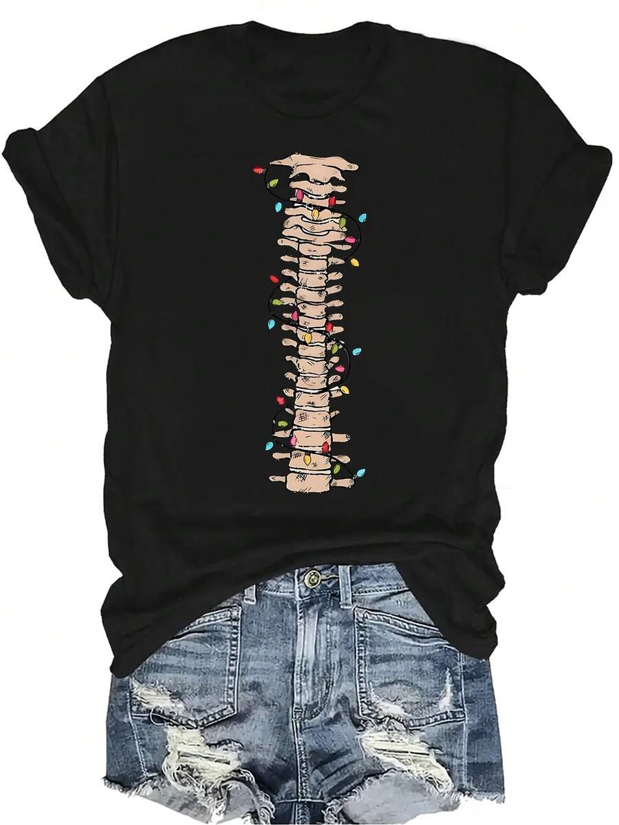 Camiseta de manga corta con cuello redondo, de estilo casual y transpirable, con diseño de espina dorsal navideña, adecuada para adolescentes y adultos - Negro - Ver 1