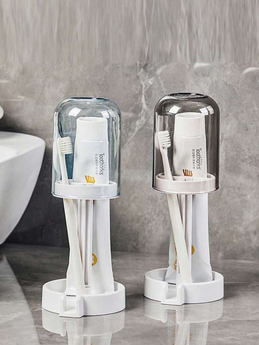 新款带防尘盖的牙刷架。带沥水和收纳功能的牙刷杯架，家用。多功能牙科工具架，多功能塑料牙刷牙膏架套装，落地式，带防尘盖和沥水功能，家用。