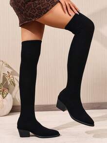时尚简约女士黑色弹力靴，舒适弹力材质，防滑尖头过膝长靴，袜靴，适合秋冬季日常穿着，性感