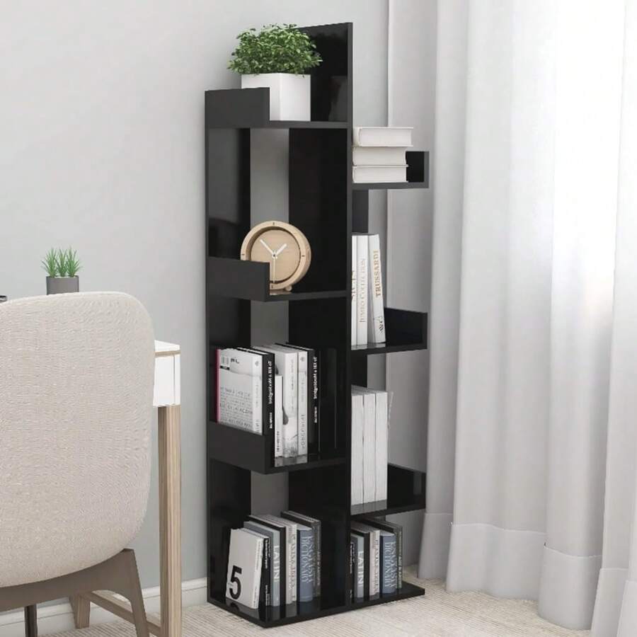Librería Larryhot Negra 48x25,5x140 cm Madera industrial, resistente y duradera, fácil de montar, estilo decorativo, adecuadA, Para guardar adornos, figuras, libros, pequeños objetos, etc. - Negro - Ver 1