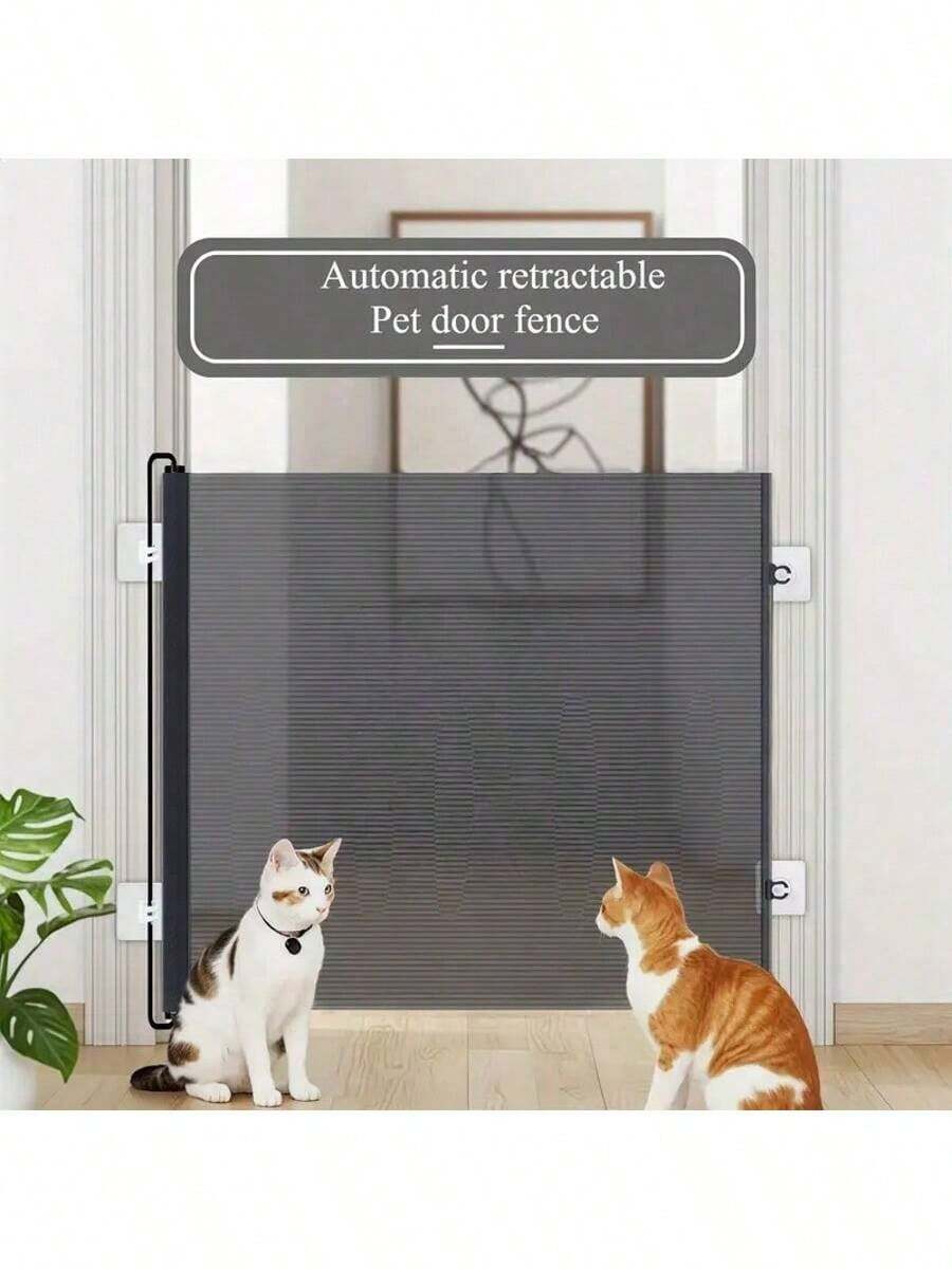 1pc Easy To Install Retractable Black PVC Pet Gate - No Drilling Required, Suitable For Indoor Stairs, Dog Isolation Fence, Cat Enclosure, With Auto-Close Function, Also Can Be Used As Outdoor Cat Door