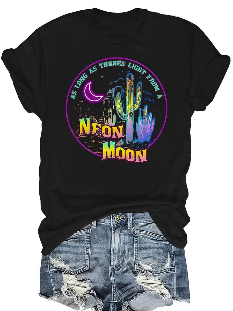 Camiseta Neon Land, Neon Moon para mujer y unisex, de verano, casual, transpirable, con personalidad, cuello redondo, manga corta, ropa de calle, versátil, adecuada para adolescentes y adultos - Negro - Ver 1