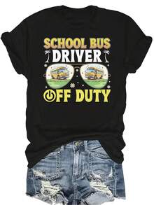 Camiseta de conductor de autobús escolar fuera de servicio, último día de clases, para mujeres y unisex, de verano, casual, transpirable, con personalidad, cuello redondo, manga corta, ropa de calle, versátil, adecuada para adolescentes y adultos - Negro - Ver 1
