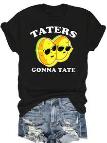 Camiseta Potato1 para mujer y unisex, de verano, casual, transpirable, con personalidad, cuello redondo, manga corta, ropa de calle, versátil, adecuada para adolescentes y adultos - Negro - Ver 1