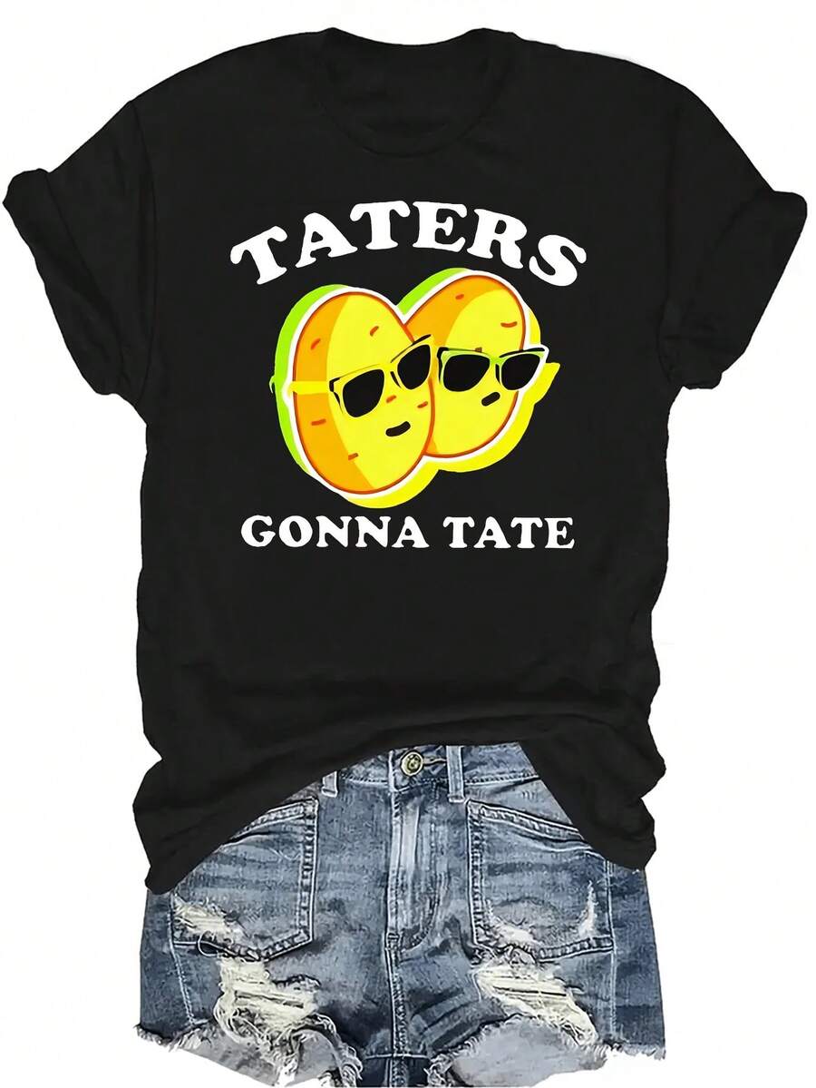 Camiseta Potato1 para mujer y unisex, de verano, casual, transpirable, con personalidad, cuello redondo, manga corta, ropa de calle, versátil, adecuada para adolescentes y adultos - Negro - Ver 1