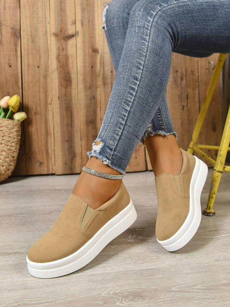 Mocasines planos color caqui para mujer, de unicolor, punta redonda, minimalistas, ligeros, de slip-on, zapatos de plataforma de moda, versátiles para todas las estaciones