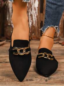 A Pair Of Casual And Comfortable Women's Half-Mule Flats With Metal Chain. Perfect For Everyday Wear Or Just Hanging Out At Home.