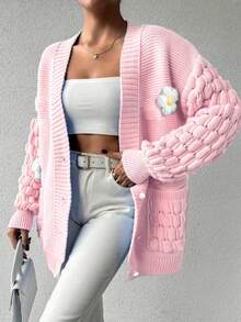女士时尚花卉优雅甜美加大码针织开衫，长袖纯色针织外套，秋冬粉色 - 粉色 - 查看 2