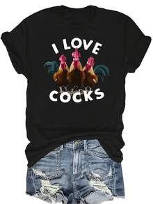 Camiseta con estampado de gallo para mujer y unisex, de verano, casual, transpirable, de cuello redondo, de manga corta, de uso versátil, adecuada para adolescentes y adultos - Negro - Ver 1