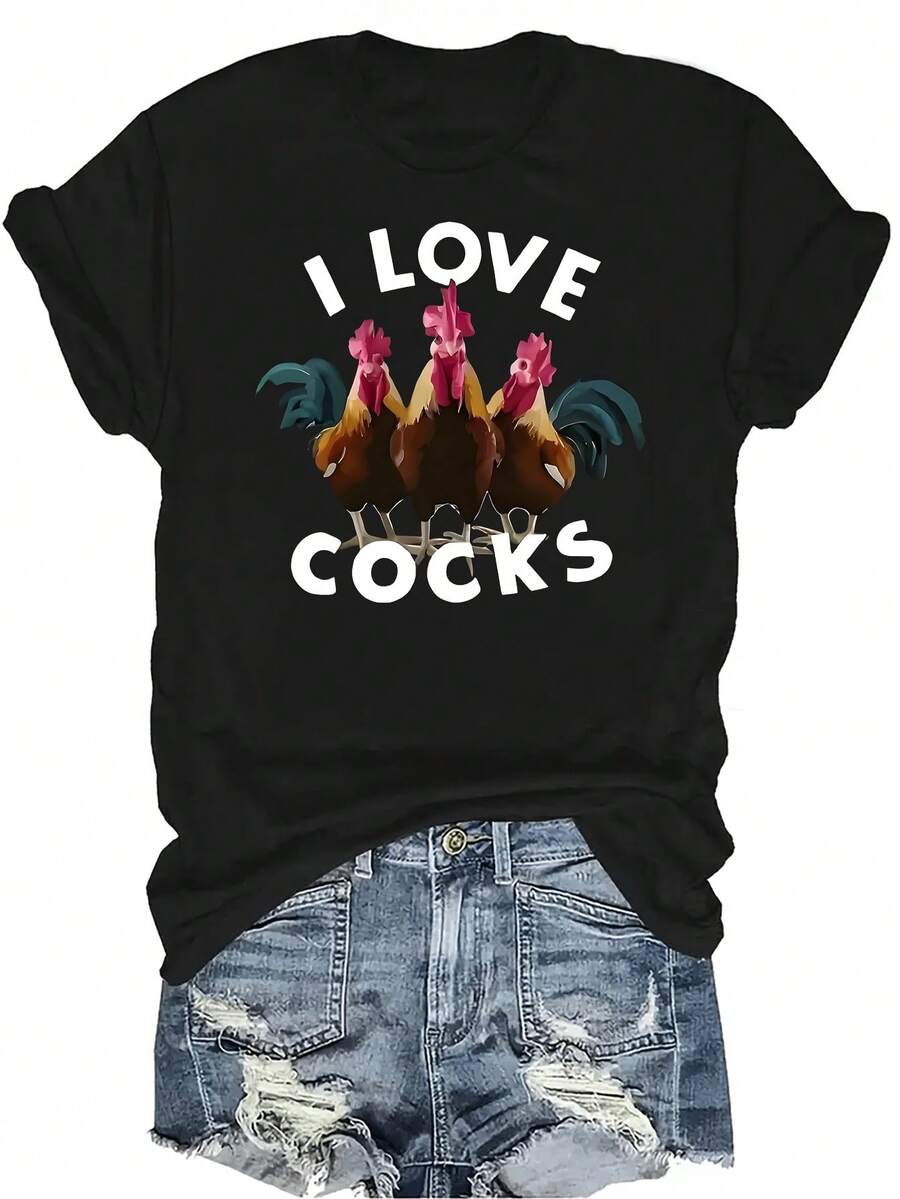 Camiseta con estampado de gallo para mujer y unisex, de verano, casual, transpirable, de cuello redondo, de manga corta, de uso versátil, adecuada para adolescentes y adultos - Negro - Ver 1