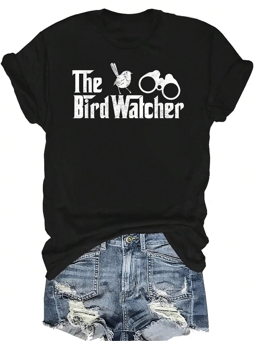 Camiseta de "El observador de aves" para mujer y unisex, de verano, casual, transpirable, con personalidad, cuello redondo, manga corta, ropa de calle, versátil, adecuada para adolescentes y adultos - Negro - Ver 1