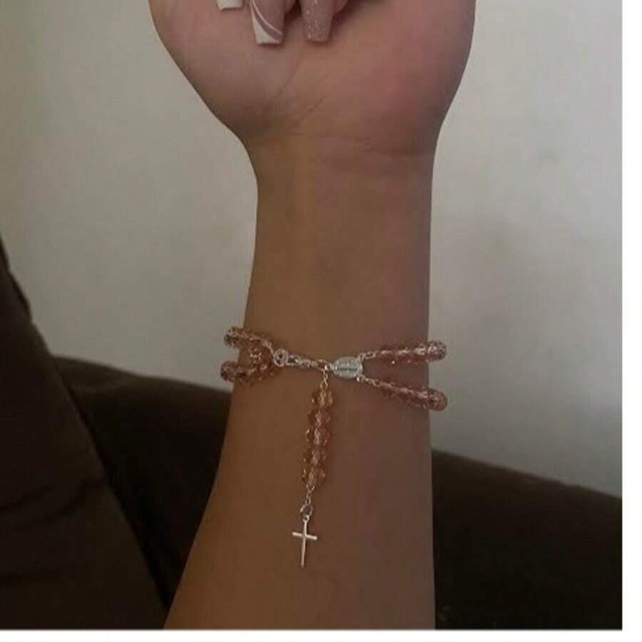 Double Plated Rosary Bracelet - Bubblegum Pink/Silver - View 1
