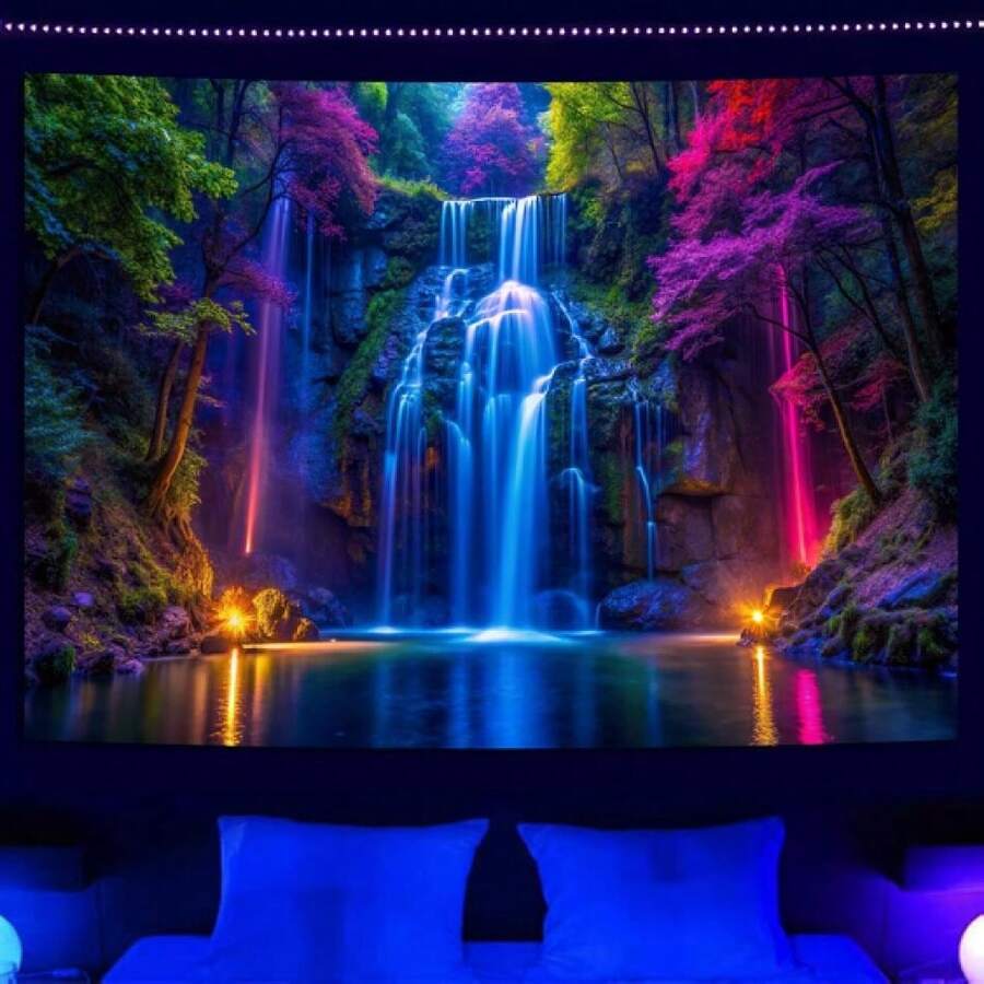 Blacklight Waterfall Tapestry - UV Reactive Glow In The Dark Neon Forest Wall Hanging, Vibrant Nature Landscape Wonderland For Bedroom, Living Room Dr - 70.9" X 90.6",18229111 - 西瓜粉 - 查看 1