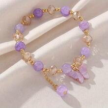 1pc Butterfly Student Bracelet Forest Series Fresh And Cute Crystal Jewelry, Glass Explosion Flower Handmade Bracelet - 紫色 - 查看 1