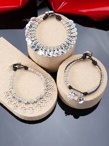 1PC New Simple And Fashionable Street Y2K Asymmetric Cross Clover Round Tassel Braided Bead Bracelet, Suitable For Men And Women's Daily Matching, Suitable For Party And Birthday Gifts Autumn/Winter Halloween