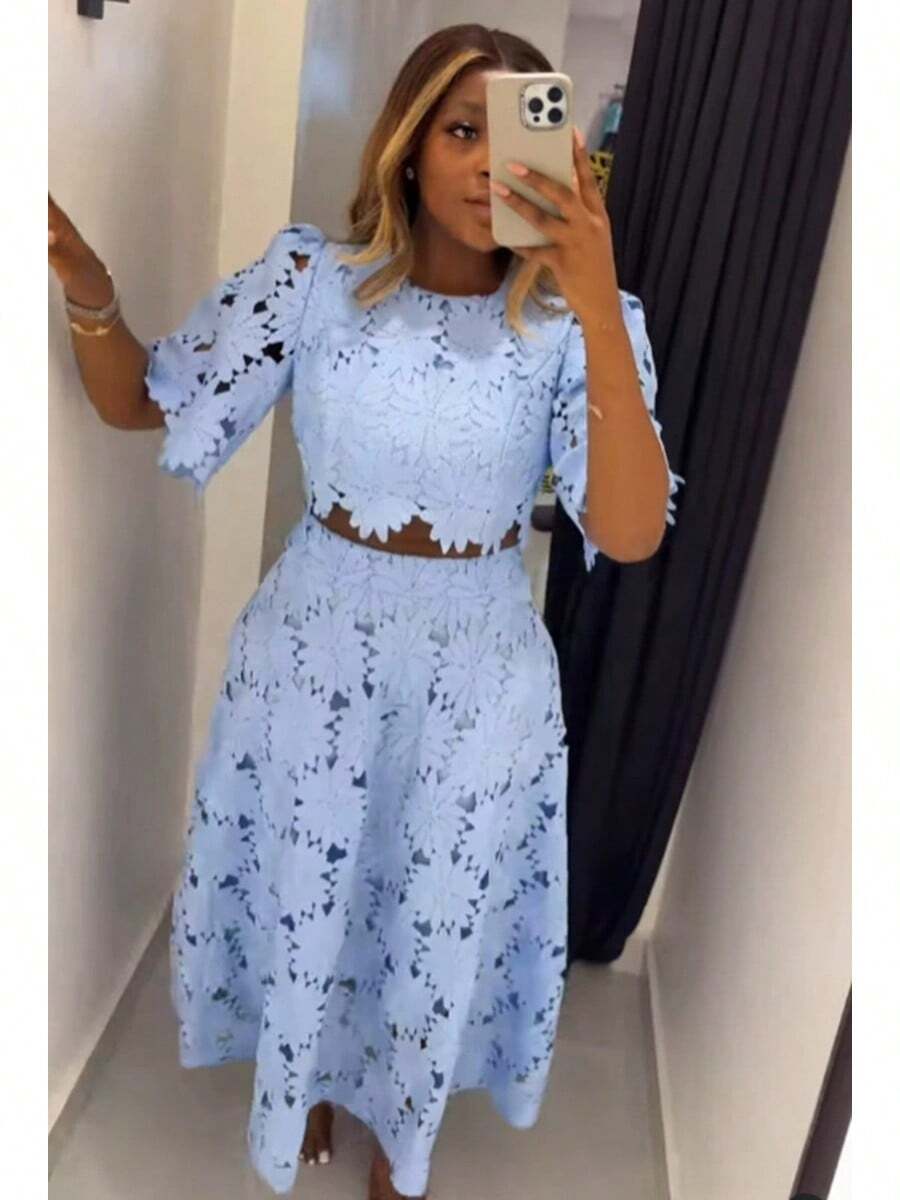 Women's New French Design Hollow Out Top Fashion Casual Two-Piece Set - Blue - View 1