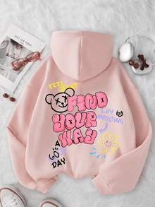 女童可爱图案少女风连帽衫 女童长袖连帽运动衫 秋冬女童上衣 女童服装 - 粉色 - 查看 6