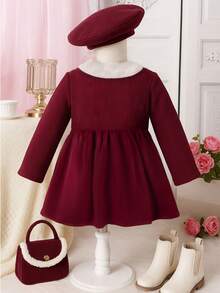 Girls' Elegantbowknott Design Knitted Cardigan With Fur Collar, Stylish Outdoor Party Wear (Beret Hat Not Included) - Burgundy - View 5