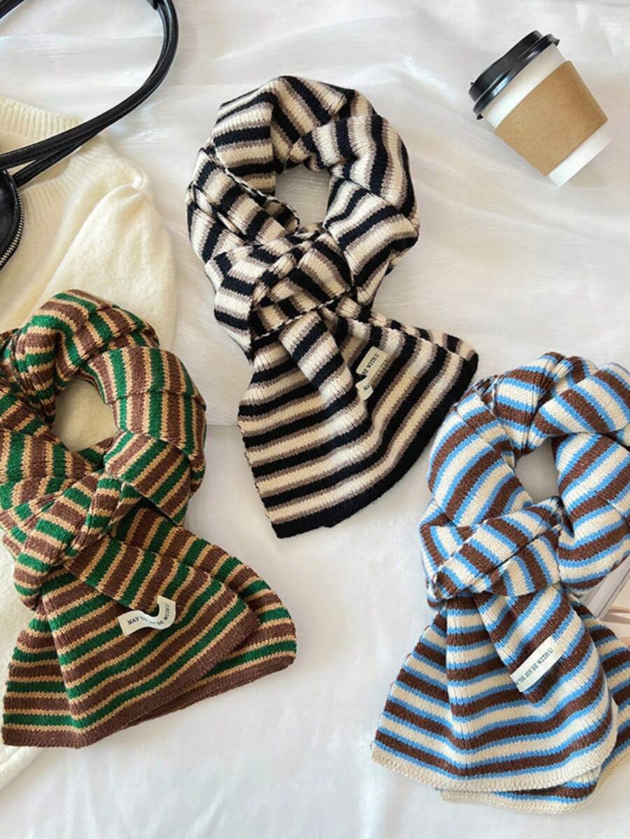 1件装女士条纹拼接针织保暖装饰多功能柔软学院风围巾/围脖，适合春季、秋季、冬季、户外活动、滑雪等场合搭配连衣裙 - 彩色 - 查看 1