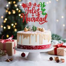 1 件 Feliz Navidad 蛋糕装饰 - 冬季圣诞快乐、新年快乐圣诞节假期夜间派对装饰 - 彩色 - 查看 5