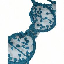 Sexy Underwire Cute Push Up Strappy Embroidered Mesh Sheer Lingerie Set See Through Panty Bra - Cung ngọc lam - Xem 3