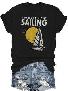 Camiseta de velero para mujer y unisex, de verano, casual, transpirable, con cuello redondo, manga corta, estilo urbano y versátil, adecuada para adolescentes y adultos - Negro - Ver 1
