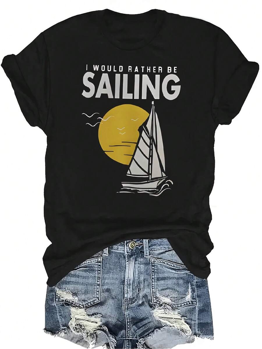 Camiseta de velero para mujer y unisex, de verano, casual, transpirable, con cuello redondo, manga corta, estilo urbano y versátil, adecuada para adolescentes y adultos - Negro - Ver 1