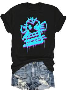 Camiseta con diseño de mono rasgado para mujer y unisex, de verano, casual, transpirable, con cuello redondo, manga corta, estilo urbano y versátil, adecuada para adolescentes y adultos - Negro - Ver 1