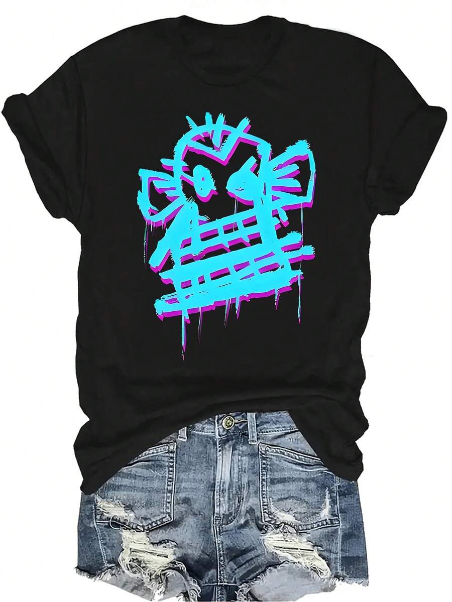 Camiseta con diseño de mono rasgado para mujer y unisex, de verano, casual, transpirable, con cuello redondo, manga corta, estilo urbano y versátil, adecuada para adolescentes y adultos - Negro - Ver 1
