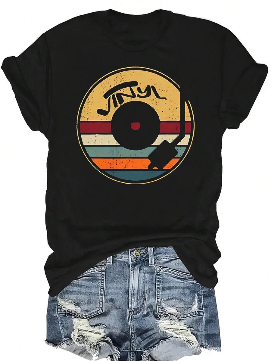 Camiseta de música retro para mujer y unisex, de verano, casual, transpirable, con personalidad, cuello redondo, manga corta, ropa de calle, versátil, adecuada para adolescentes y adultos - Negro - Ver 1