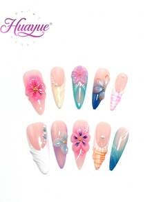 10 Pieces Of 3.3 Cm Fine Square Press-On Nails, Handcrafted. Beach Essentials, Nail Patch, Press-On Nails, Nails, Supplies, Summer Nails, Press-On Acrylic Nails, Long Nails, French Style, Gradient, Pink Ice Flower, Pearl, Blush, Shooting Star, Petal, Three-Dimensional Shape, Three-Dimensional Carved Flower, Three-Dimensional Carving Modeling Glue,