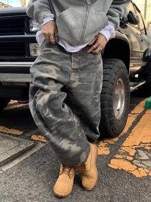 Men's Retro Street Camo Wide Leg Jeans - Army Green - View 5