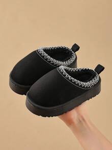 Kids Autumn/Winter Slippers, Simple Design, Boys' Indoor Home Anti-Slip Warm Plush, Girls' Thick Fluffy Slippers - Black - View 8