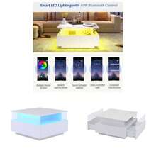 Coffee Table With Storage Living Room, Modern LED Coffee Table, Square Tea Table With 2 Sliding Drawers Wood Center Table Acrylic Glass Coffee Table, White - White + Particle Board - View 1