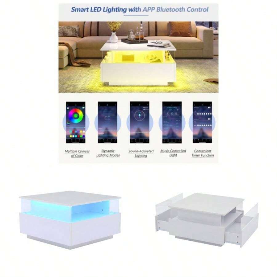 Coffee Table With Storage Living Room, Modern LED Coffee Table, Square Tea Table With 2 Sliding Drawers Wood Center Table Acrylic Glass Coffee Table, White - White + Particle Board - View 1