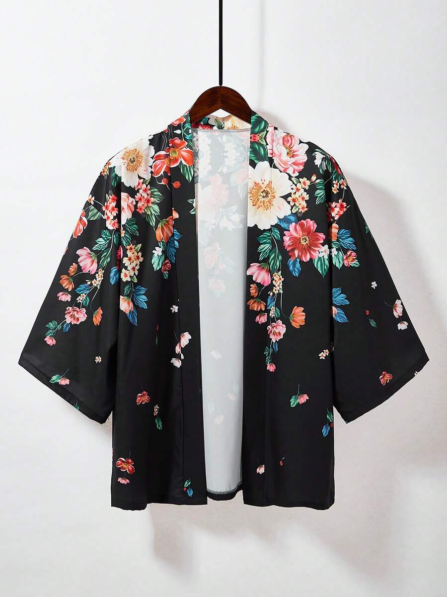 Retro Japanese Style Loose Floral Print Kimono Cover Up, Versatile Romantic Beach Cover-Up, Lightweight Summer Vacation Robe - Black - View 1